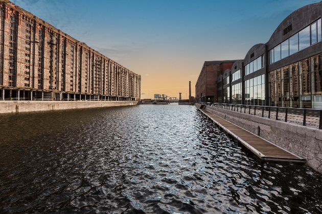 Exterior of Titanic Hotel with mersey flowing past