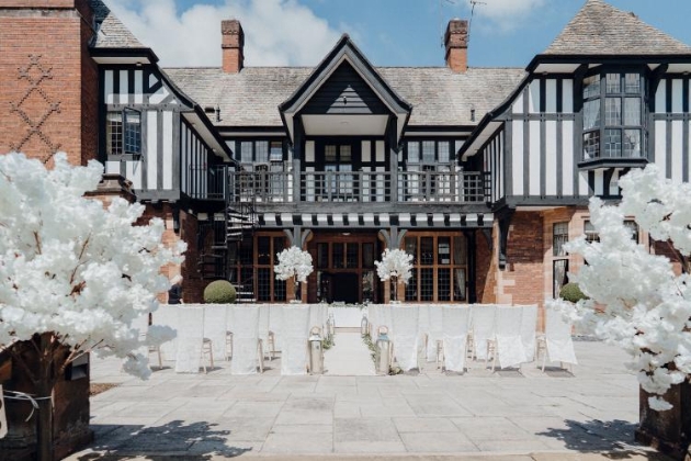 Exterior of Inglewood Manor set up for a wedding ceremony